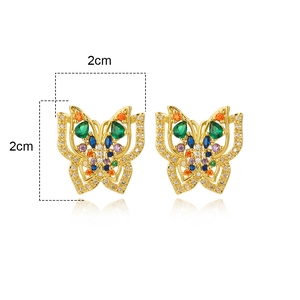 Detailed close-up of 2cm gold butterfly earrings featuring vibrant multi-color gemstones