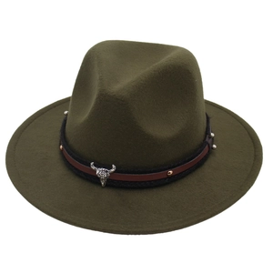 Detail of army green wool felt hat with bull skull charm and metal rivets on band