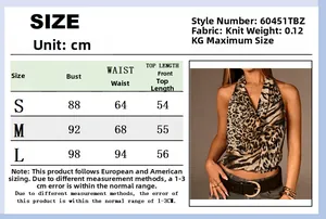 Tabla de tallas detallada para top de leopardo vintage con medidas de busto y largo