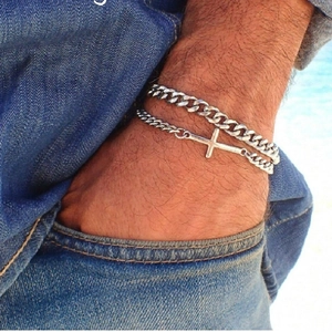 Bracelet À Double Chaîne En Alliage Pour Hommes Avec Pendentif Croix Couleur Argent Bijoux Punk Hip Hop