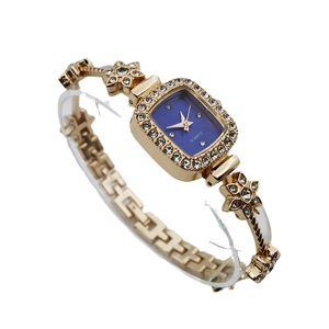 Elegant rose gold square watch with purple dial and crystal flower bracelet design