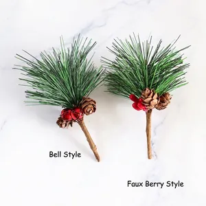 Artificial Christmas pine needles with red bells and berries for gift box decoration