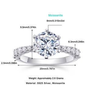 Anello classico in argento sterling S925 con moissanite rotonda da 2ct e sei griffe