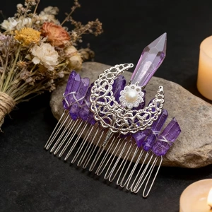 Close-up of purple crystal moon hair comb with silver flower and pearl detail
