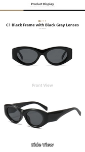 Detailed front and side view of oval black frame sunglasses with dark grey lenses