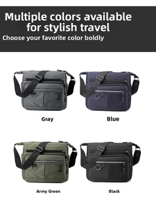 Detail view of multi-pocket crossbody bag in gray, blue, green, and black colors
