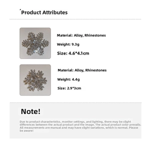 Detailed size chart for snowflake hair clips showing alloy and rhinestone dimensions