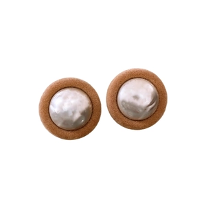 Brown velvet circular stud earrings with white faux pearl centers in a vintage design