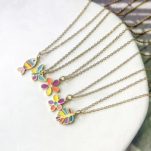 Golden stainless steel necklace set with colorful enamel fish butterfly and leaf pendants