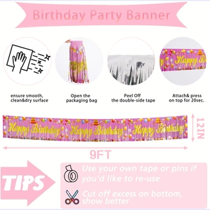 Pink foil fringe banner with gold Happy Birthday text for party background decoration