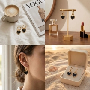 Collage of black heart earrings with gold edges shown in lifestyle and model views