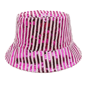 Close-up of pink and white striped bucket hat with reflective sequin embellishments