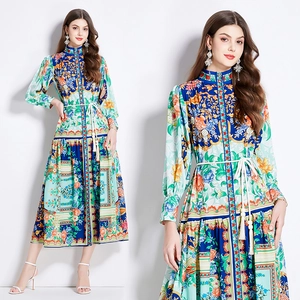Robe Maxi À Imprimé Fleuri Vintage Ethnique Col Montant Manches Longues Boutonnée Avec Ceinture À Gland Polyester Femmes