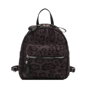 Retro leopard print mini backpack with soft plush texture and silver metal zipper details