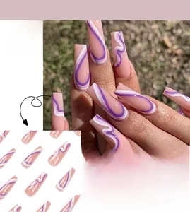 Detailed macro of ballerina nails with purple and white abstract wave pattern