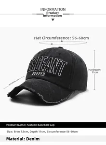 Détail de casquette baseball en jean noir vintage avec broderie et mesures précises
