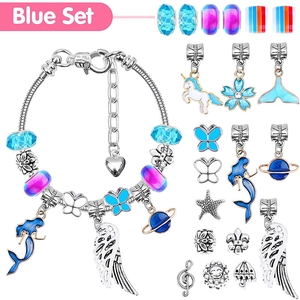 Blue 112pcs DIY jewelry kit featuring silver snake chain and assorted crystal charms