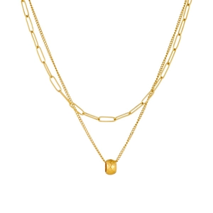 Minimalist double layer gold plated necklace featuring paperclip chain and bead pendant