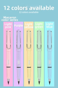 Detailed view of five inkless eternal pencils in Morandi pastel colors with metal clips