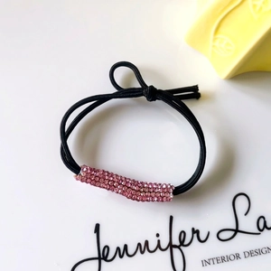 Elastic hair tie with rectangular pink rhinestones for elegant ponytails for women