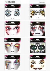 Close-up of Halloween face stickers set with glitter details and rhinestone embellishments