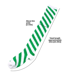 Detail view of green and white striped knee-high socks showing length 65cm and width 8cm