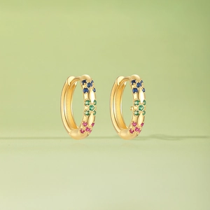 Detailed close-up of S925 silver gold-plated huggie hoop earrings with colorful zircon flowers
