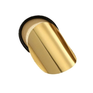 Golden oval metal hair tie with high elastic band for ponytail styling on white background