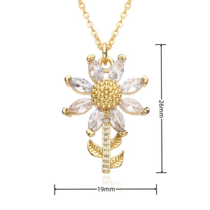 Detail view showing sunflower pendant dimensions 26mm by 19mm with white zircon petals