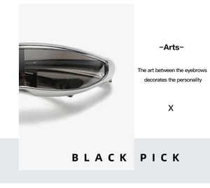 Macro detail of futuristic silver dolphin sunglasses with black lenses and Y2K metallic finish