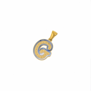 Detailed view of a gold-plated G-letter pendant with blue enamel accents and shiny finish