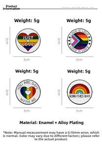 Detail view of 3cm enamel rainbow badges with Love is Love slogans and alloy plating