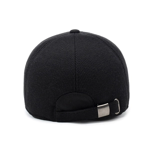 Men's winter baseball cap in black wool blend with adjustable metal buckle back view