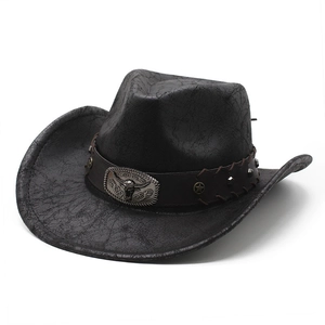 Schwarzer Cowboyhut aus Kunstleder mit silberner Bullenkopf-Schnalle und Sternnieten