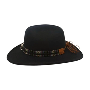 Detail of British style jazz hat with ethnic woven band and brown leather side accent