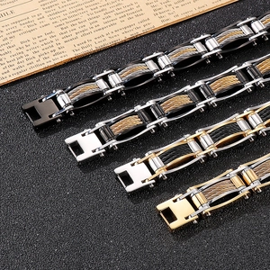 Industrial stainless steel cable chain bracelets for men in black, gold, and silver finishes