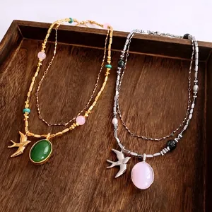 Collier Multicouche En Acier Au Titane Vintage Avec Pendentif Oiseau Hirondelle Et Pierre Ovale Chaîne De Pull Pour Femmes