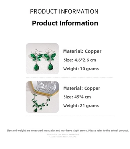 Detail view of emerald butterfly pendant necklace and earrings with precise dimensions