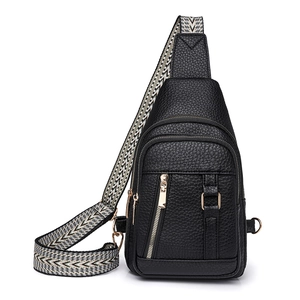 Retro black PU leather chest bag with a geometric pattern wide strap and gold zippers