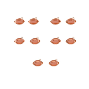 Detailed view of ten brown American football enamel charms with gold trim on white backdrop