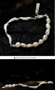 Detail of S925 silver lava-textured elements and natural pearls on an irregular bracelet