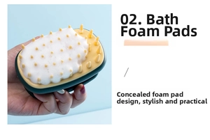 Detail of silicone hair massage brush with soap dispenser hole and rich soapy foam