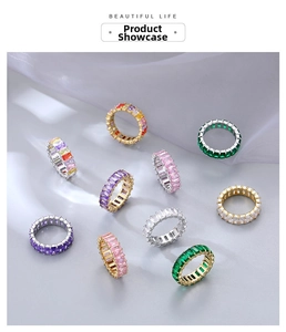 Close-up of eternity bands with colorful emerald-cut cubic zirconia in claw setting