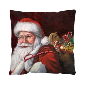 Detailed oil painting print of Santa Claus with toy sack on a square festive pillowcase