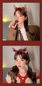 Close-up of reindeer antler headbands featuring plush fur and festive holiday ornaments