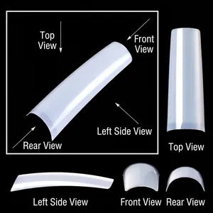 XXL long curved French coffin nail tips showing top, front, side and back views