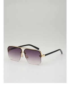 Detail view of square browline sunglasses with gold metal frame and gradient lenses