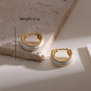 French vintage style double-layer gold stainless steel earrings with white enamel finish