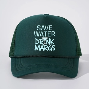Dark green trucker hat with Save Water Drink Margs print and breathable mesh back