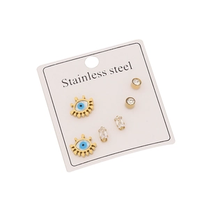 Three-pair gold stainless steel stud earrings set featuring evil eye designs and zircons